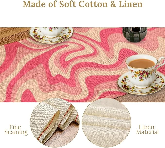 Retro 70s Groovy Table Runner,Vintage Abstract Modern Art Pink Boho Spiral Swirl Waves Farmhouse Country Dinner Runner for Home Kitchen Dining Table Party Holiday Decor 13"x90"