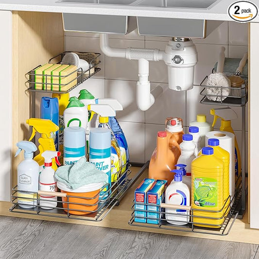 LAMU 2Pack Under Sink Organizers and Storage, 2 Tier Bathroom Kitchen Cabinet Organizers and Storage, Pull Out Under Sink Storage Kitchen Shelf Organizer for Under Counter Storage Organizer