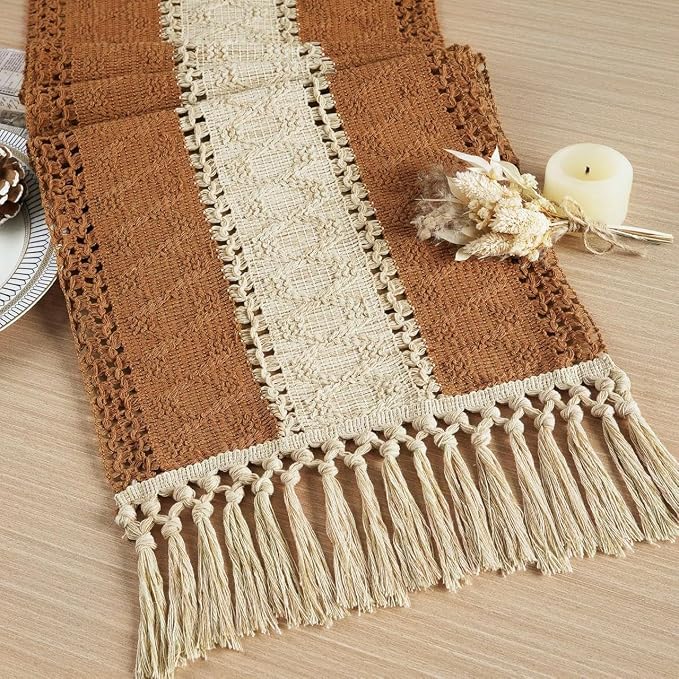 FEXIA Boho Table Runner for Home Decor with Tassels 72 Inches Long Farmhouse Rustic Caramel Table Runner Macrame Burlap Table Decoration for Living Room Bridal Shower (12x72 Inches)