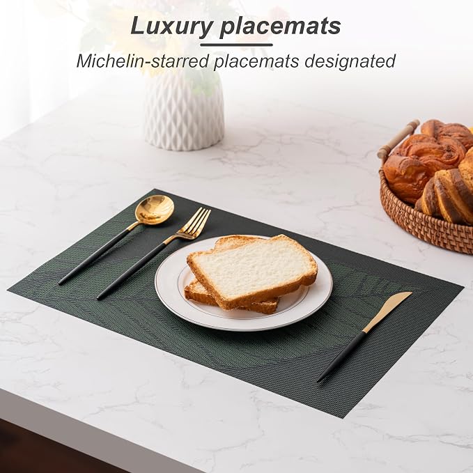 CADONO Placemats Set of 6 Washable Indoor/Outdoor Vinyl Place Mats for Dining Table Durable Non-Slip Heat Resistant PVC Weave Table Mats（Leaf Style Dark-Green）