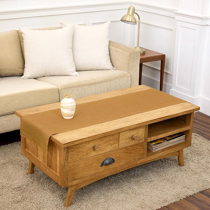Solino Home Linen Table Runner 48 Inches - 100% Pure Linen Caramel Table Runner 14 x 48 Inch Ideal for Dresser and Coffee Tables, Spring, Summer - Fete