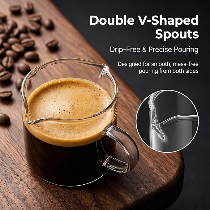5 OZ Espresso Cups Set of 2, Double Spouts Cups, Shot Glasses, Milk Cup with Handle, Clear Glass, Espresso Accessories for Making Coffee Desserts Salad Dressing Machine (1 ounce more than others )