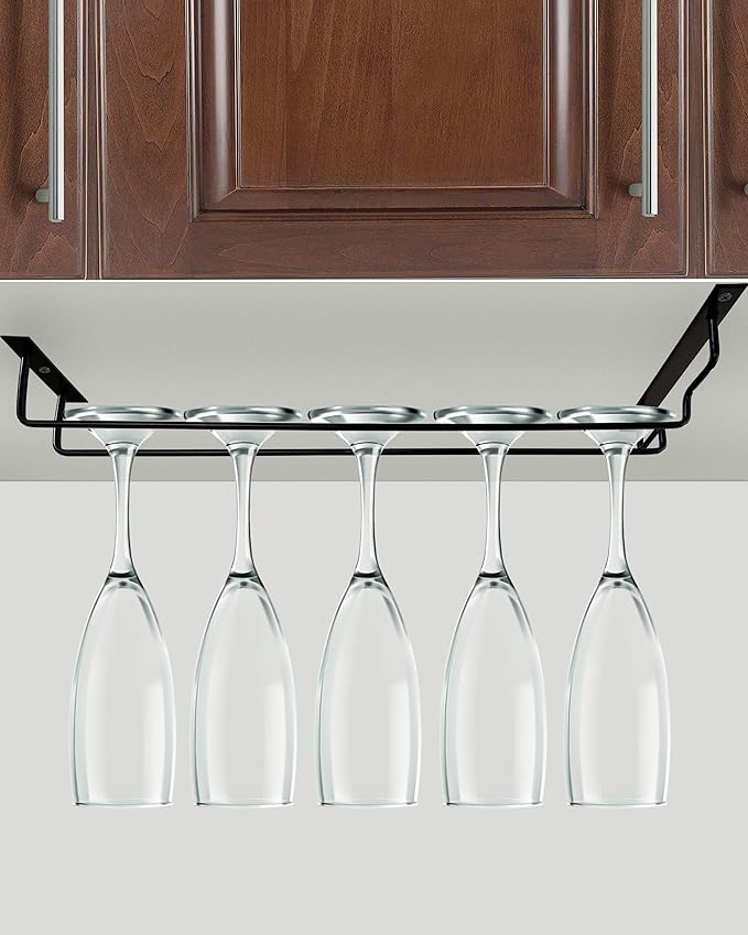 15.7 inch Wine Glass Rack under Cabinet 2Pcs under Shelf Wine Glass Holder Metal Stemware Holder Wine Glass Hangers for Mini Bar Kitchen Storage Black