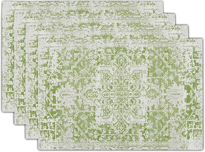 Gray Lime Green Boho Placemats Set of 4 Ethnic Bohemian Carpet Place Mats Washable Kitchen Dining Vintage Grey Geography Floral Linen Table Mats Stain Heat-Resistant for Home Party Indoor 12x18 in