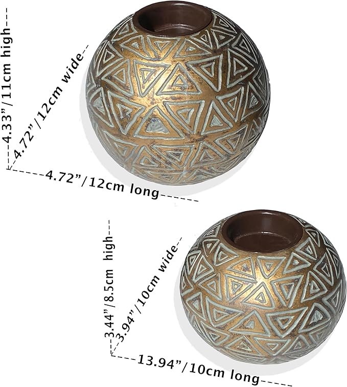 Rustic Gold Orb Tea Light Candle Holders - (Gift Boxed Set of 2 Aurum Collection) Coffee Table Decor (Triangular Pattern, Gold and Gray)