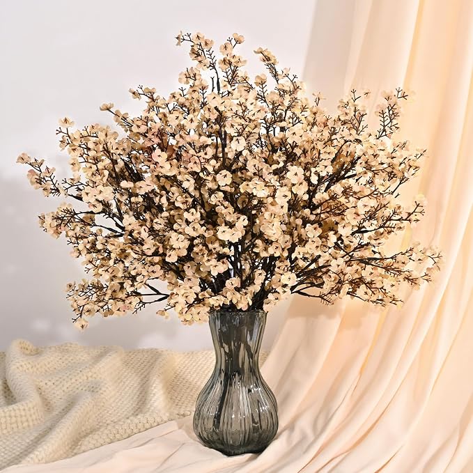 Waipfaru 15Pcs Fake Flowers Babys Breath Silk Artificial Beige Flowers Gypsophila Bouquets Bulk Real Touch Stems for Boho Home Living Room Decor DIY Floral Arrangement Table Centerpieces
