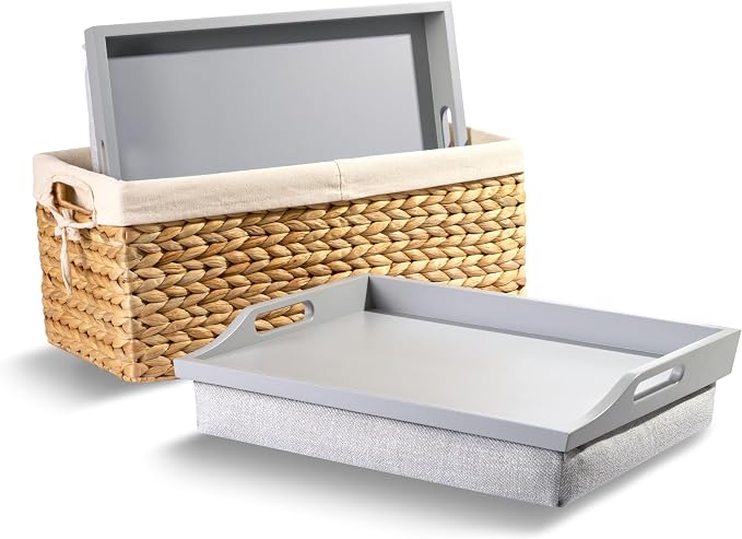ROSSIE HOME Wood Bed Tray Lap Desk - Set of Two - with Hyacinth Storage Basket - Calming Gray - Fits up to 15.6 Inch Laptops - Style No. 70105