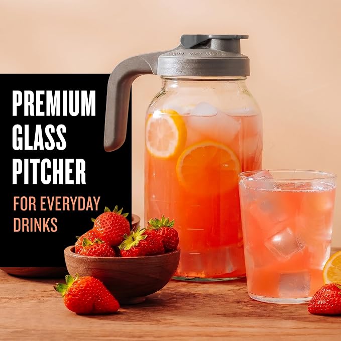 County Line Kitchen Glass Mason Jar Pitcher with Lid - Wide Mouth, 2 Quart (64 oz) - Heavy Duty, Leak Proof - Sun & Iced Tea Pitcher, Cold Brew Coffee, Breast Milk Storage, Water - Gray