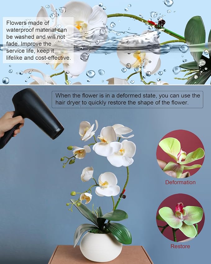 Forlaoers Tall 17" White Real Touch Orchid Artificial Flowers with Vase Fake Orchids Silk Floral for Home Decor Indoor Bathroom Decoration Potted Office Table Top Centerpieces Arrangements