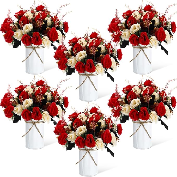 Domensi 6 Sets Wedding Centerpiece for Table Artificial Rose with Vase Fake Bouquets and Metal Pot Flower Arrangements for Bridal Shower Birthday Party Event Table Decor (Red)