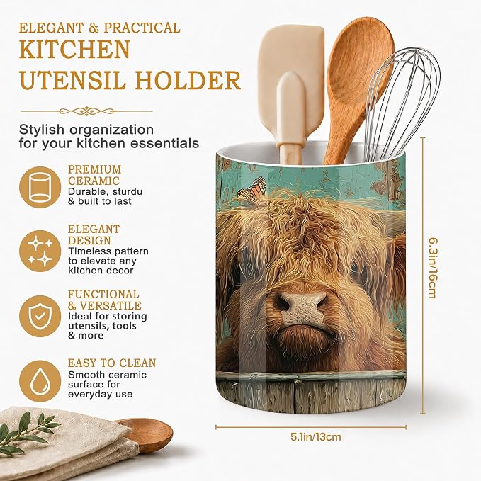Highland Cow Utensil Holder for Countertop,Sunflower Butterfly Ceramic Utensil Crock Organizer for Home Kitchen Spoons,Spatulas and Cooking Tools
