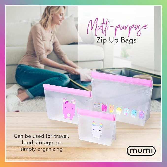 MUMI Piccolo Reusable Zip Up Bags – Set of 3 Silicone Ziplock Bags | Reusable Ziploc for Food Storage, Freezer, & Snacks | BPA-Free Airtight Silicone Storage for Travel & Meal Prep - Mint