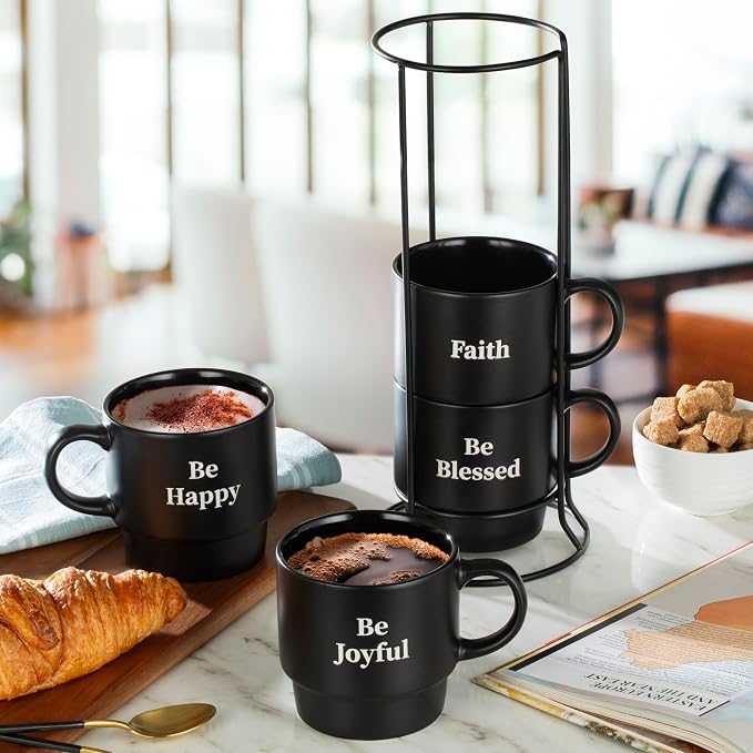 Signature Housewares Be Happy Stackable Stoneware Coffee Mug Set with Metal Rack - 15 Ounce Coffee Mugs for Coffee, Tea, Hot Chocolate, Milk, Set of 4, Matte Black (Pack of 4)
