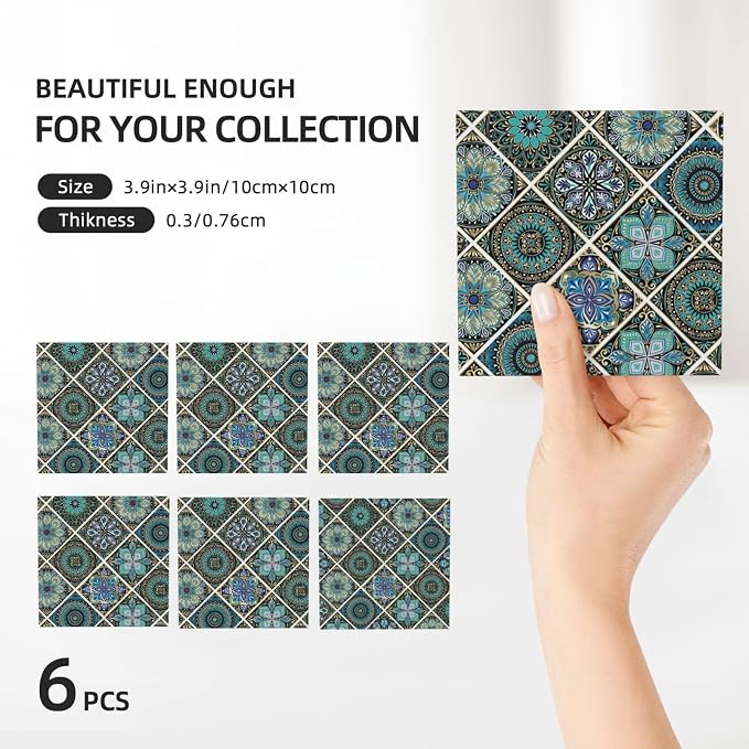 Blue Teal/Turquoise Mexican Tile Square Ceramic Coasters Set of 6 Pack, Green Bohemia Mandala Art Tiles Stone Drink Coaster with Cup Holder Anti-Scratc Cork Backing Bar Kitchen Home Housewarming Gift