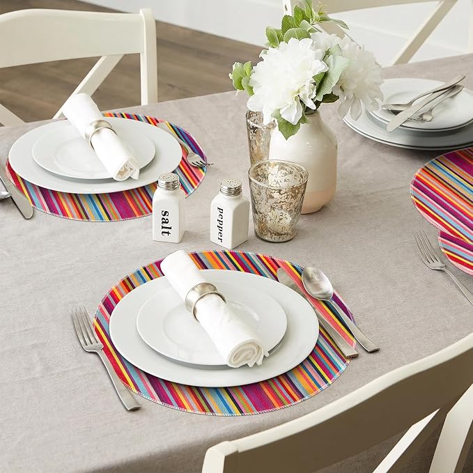 Niviy Bright Colorful Striped Round Placemats Set of 6, 12x18 Inch Mexican Rainbow Colored Geometric Pattern Table Mats for Holiday Party Kitchen Dining Room Decoration