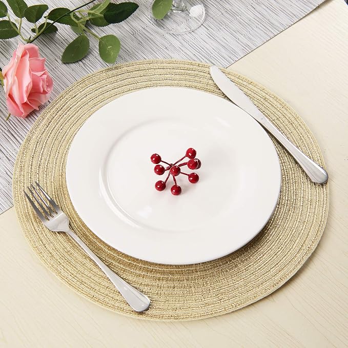 SHACOS Gold Glitter Round Placemats Set of 6 Bling Circle Place Mats Washable Table Mats for Christmas Holiday Party Wedding Shower Table Decor (6, Gold)