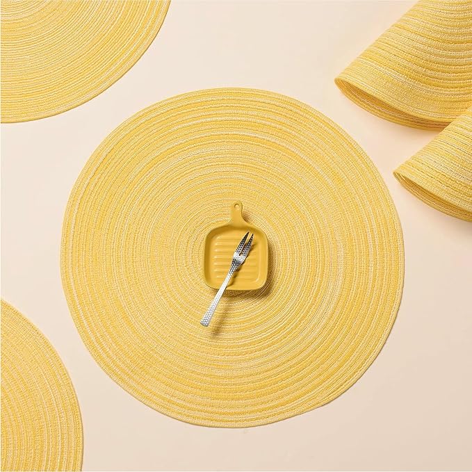 AHHFSMEI Round Braided Placemats Set of 6 Woven Table Mats for Dining Table Heat Resistant Easy to Clean Perfect for Kitchen & Home Decor (Yellow)