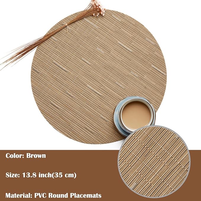 Round Placemats Set of 4 Woven Table Mats Washable Non-Slip Place Mats 13.8 Inch for Christmas Decoration Home Wedding Party,Brown