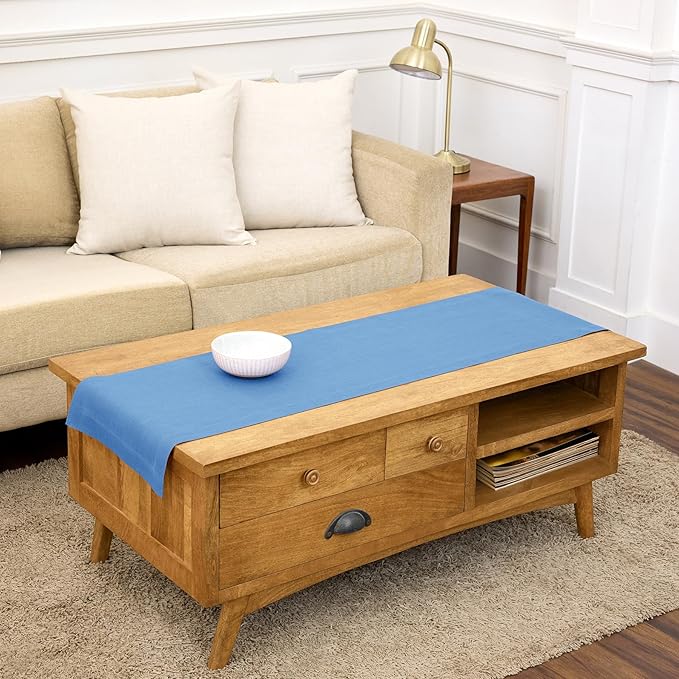 Solino Home Linen Table Runner 48 Inches - 100% Pure Linen Provence Blue Table Runner 14 x 48 Inch Ideal for Dresser and Coffee Tables - Fete - Spring, Summer