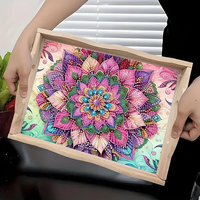 BAYUNOE DIY Diamond Serving Tray Rectangular Breakfast Tray with Handle Handmade Diamond Art Painting Wooden Tray Spring Creative Dinner Plate Coffee Room Living Home Organizer-Mandala