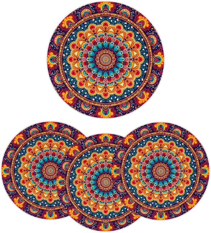 Round Placemats Set of 6, Colorful Boho Pattern Woven Placemats Mats Non-Slip Heat Resistant Washable Table Mats Round Braided Place for Farmhouse Kitchen Dining Party Decor 15in