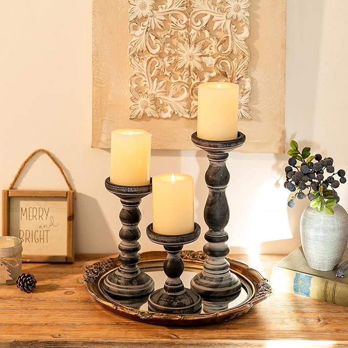 Wooden Pillar Candle Holder: Rustic Black Candle Stand Wood Distressed Candleholders Farmhouse Fall Decor for Christmas Fireplace Mantle Dining Table Living Room Shelf Set of 3