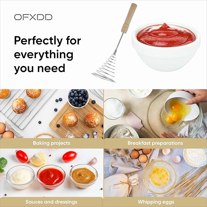 Stainless Steel Spring Coil Whisk 1 Pcs - Wire Whip Egg Whisk with Wooden Long Handle - Heavy Duty Whisks for Cooking