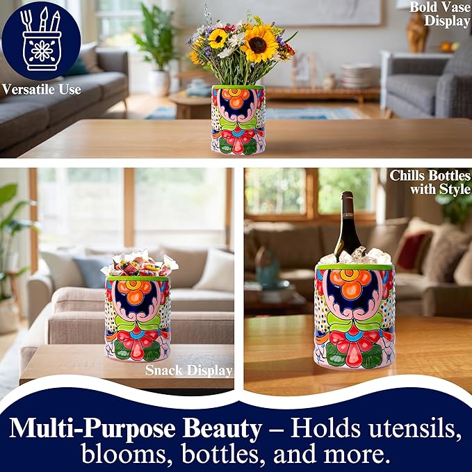 Talavera Utensil Holder – Hand Painted Ceramic Spoon Crock – Colorful Utensil Crock – Large Mexican Spoon Rest – 6" H (Green)