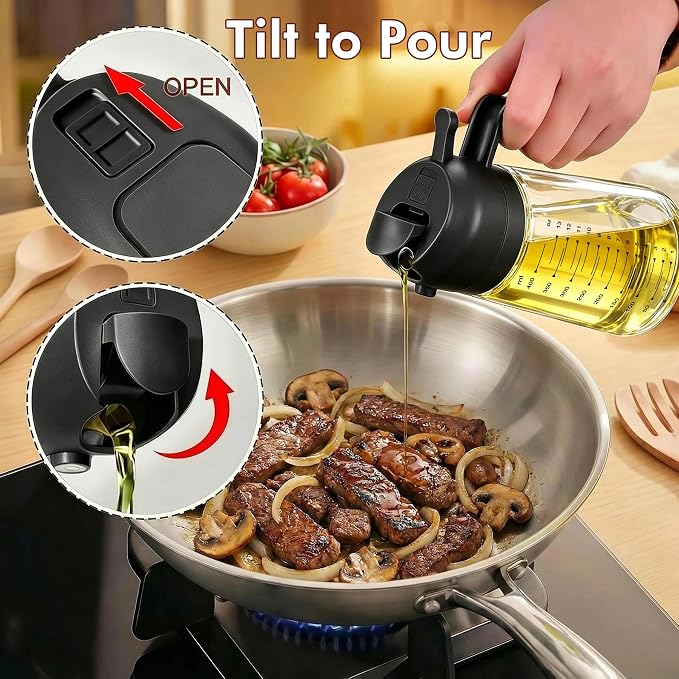 Poshetion 2 in 1 Olive Oil Sprayer for Cooking, 16oz Oil Dispenser for Kitchen, Leak-Proof Oil Spray Bottle for Air Fryer, Salad, BBQ, Baking, Grilling - Black & Black