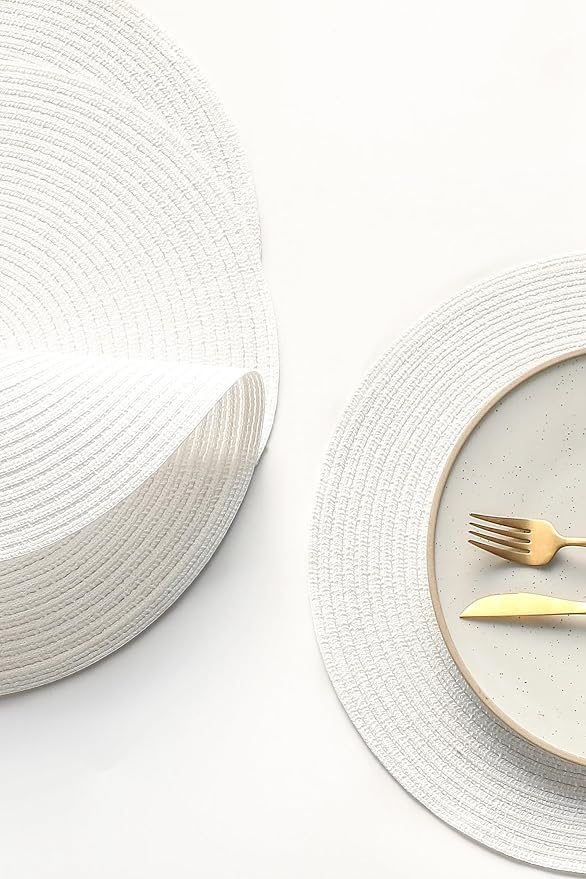 Floroom 15 Inch Round Braided Placemats Set of 4, Washable Heat Resistant Cotton Polyester Circle Place Mats for Kitchen Dining Table - White
