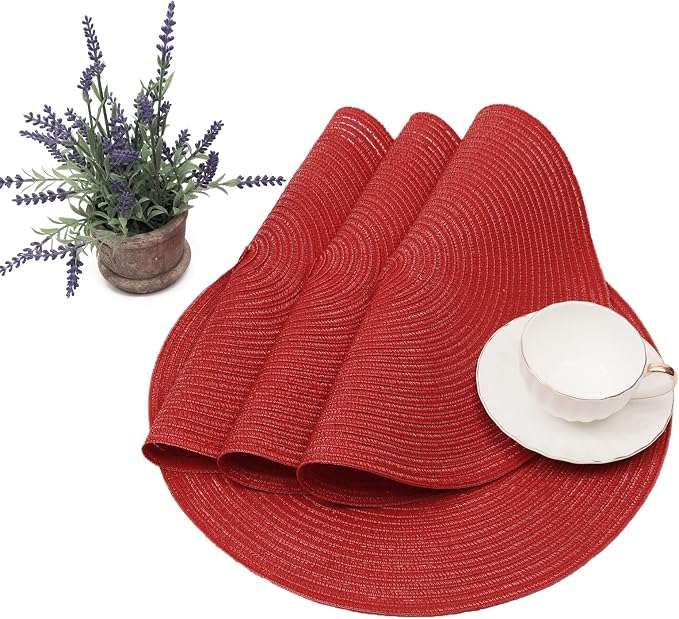 SHACOS Round Braided Placemats Set of 8 Washable 15 inch Round Table Mats Non Slip Woven Place Mats for Christmas Holiday Dining Table Decor (Red, 8)