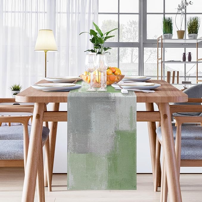 Emvency Farmhouse Table Runner, Vintage Green and Grey Abstract Art Painting for Kitchen Coffee Table Family Dinners Holiday Parties Wedding Events Decor(13x72 inch)