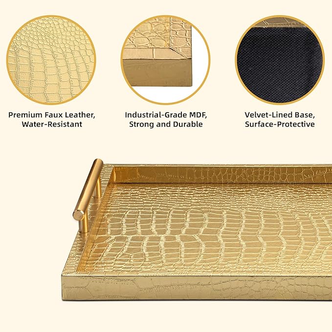 Modern Elegant Large Wood Serving Tray, Set of 2 Gold Crocodile Leather with Gold Polished Metal Handles, Home Decorative Rectangle Ottoman Decor Platter Living Room Bathroom Vanity Tray