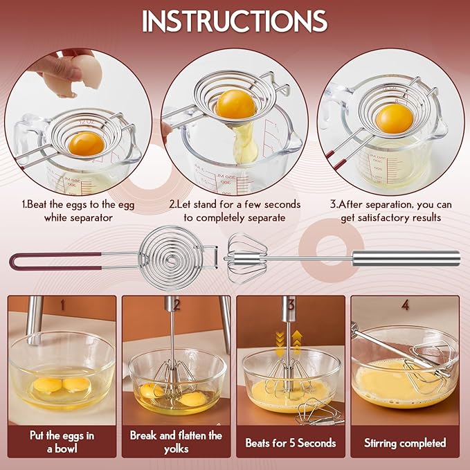 2 pcs Whisk Set with Yolk Separator,Stainless Steel Semi-Auto Egg Beater Whisk and Egg Separator,Hand Push Mixer Stirrer for Blending,Whisking,Beating & Stirring