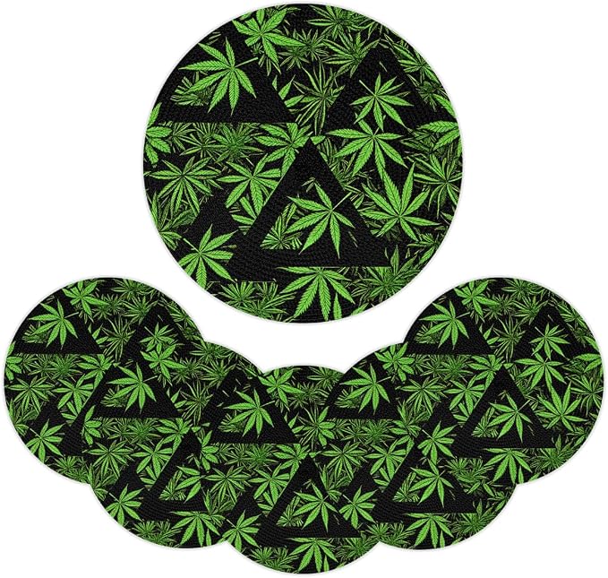 Round Placemats Set of 6, Green Marijuana Leaves Triangle Woven Placemats Mats Non-Slip Heat Resistant Washable Table Mats Round Braided Place for Farmhouse Kitchen Dining Party Decor 15in