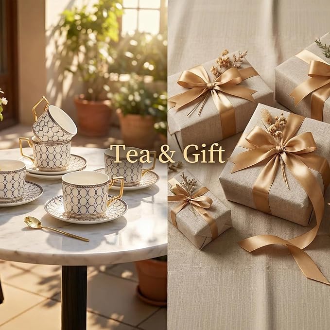 CwlwGO-European Bone China Tea Cup Sets, Blue and White Porcelain Tea Cups and Saucers Service for 4,Tea Sets For Women Party or Gifts Giving.