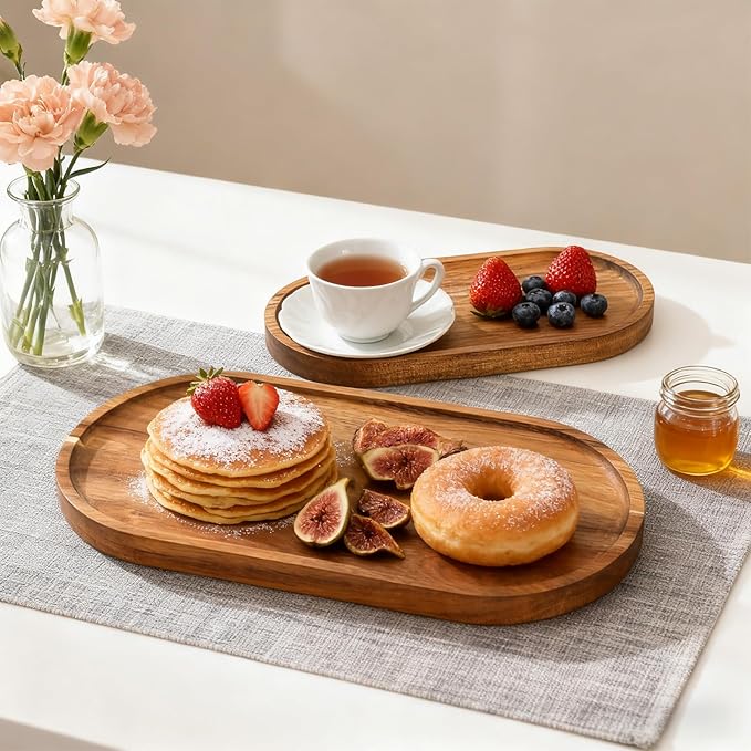 Elsjoy Set of 2 Acacia Wood Serving Trays, Long Wooden Serving Platter Oval Charcuterie Board Set for Home Decor, Fruit, Cheese, 𝟏𝟒" 𝐱𝟕" 𝐚𝐧𝐝 𝟏𝟏" 𝐱𝟓.𝟓"