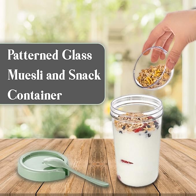 Hakan 15 oz Glass Muesli Container, Cereal Container Storage, Reusable Snack Cup with Lid, Cereal On the Go Cup, Meal Prep Container, Container with Lid for Yogurt, Snack, Fruit, Custard