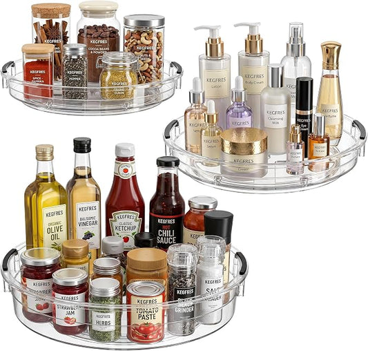 3 Pack Lazy Susan Organizer, Rotating Turntable Spice Rack for Kitchen Storage, Pantry, Cabinet, Fridge & Countertop, Condiment & Seasoning Holder, 9.25", 10.6", 12", Clear