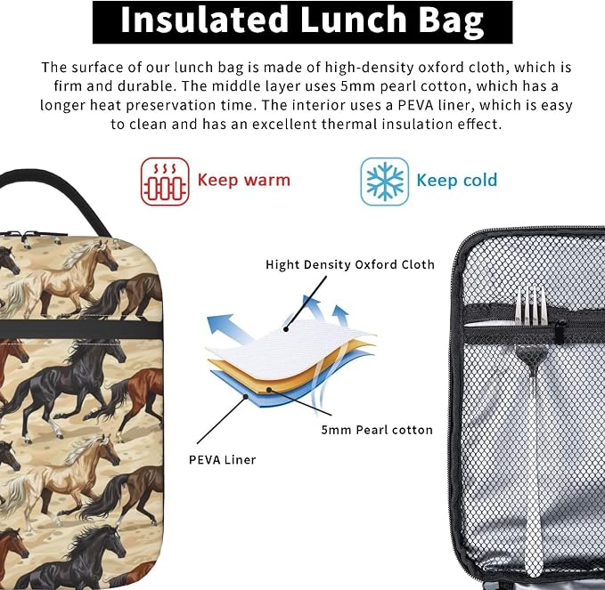 Running Horses Lunch Bag for Women Men Adults, Insulated Lunch Box for Work, Sports, Travel, Picnic, Hiking, Fishing, Wild Horse Pattern Lunchbox Gifts