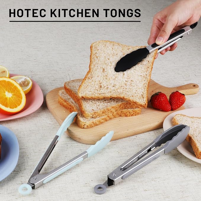 Hotec Mini Silicone Kitchen Tongs for Cooking - 7-Inch Small Serving Tongs with Silicone Tips, Set of 3 (Black,Grey,Light Blue)
