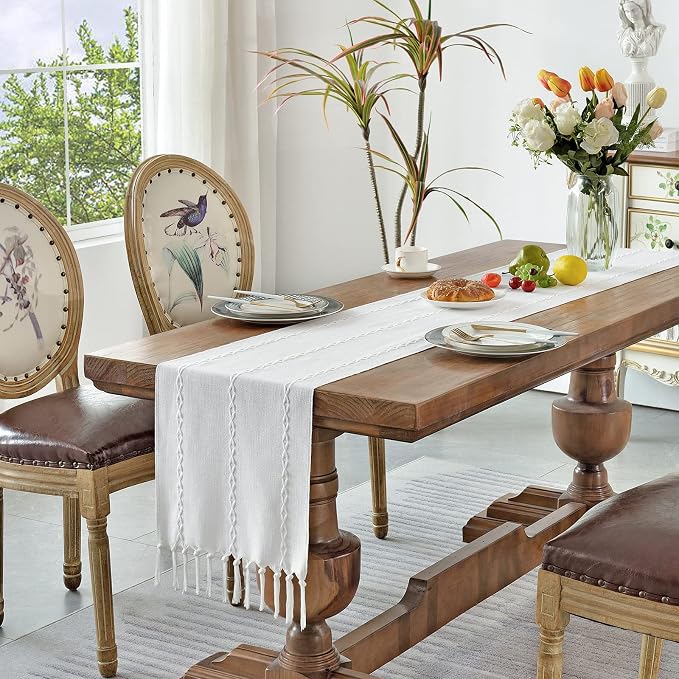 Wracra Rustic Linen Table Runner Farmhouse Style Table Runners 48 inches Long Embroidered Table Runner with Hand-Tassels for Party, Dresser Decor and Dining Room Decorations (White, 13"×48")