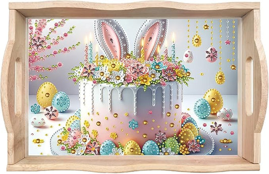 BAYUNOE DIY Diamond Serving Tray Rectangular Breakfast Tray with Handle Handmade Diamond Art Painting Wooden Tray Spring Creative Dinner Plate Coffee Room Living Home Organizer-Easter Cake