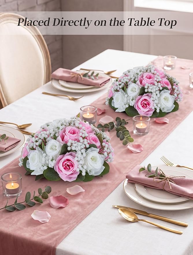 BLOSMON Fake Flowers Ball Centerpieces: 2 Pcs Pink Rose Babys Breath Artificial Flowers Wedding Decoration for Table Silk Kissing Floral Bouquet Arrangements for Home Party DIY Decor