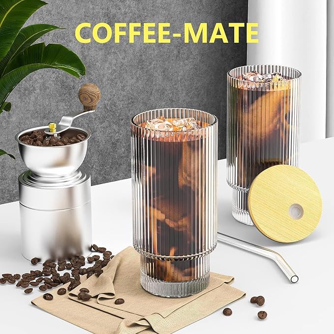 CWHHRN 16OZ Ribbed Glass Cups with Lids and Straws 4 Set, Vintage Glassware for Whiskey Cocktail Beer, Iced Coffee Cups with Lid, Glass Tumbler with Straw and Lid (4 PACK)