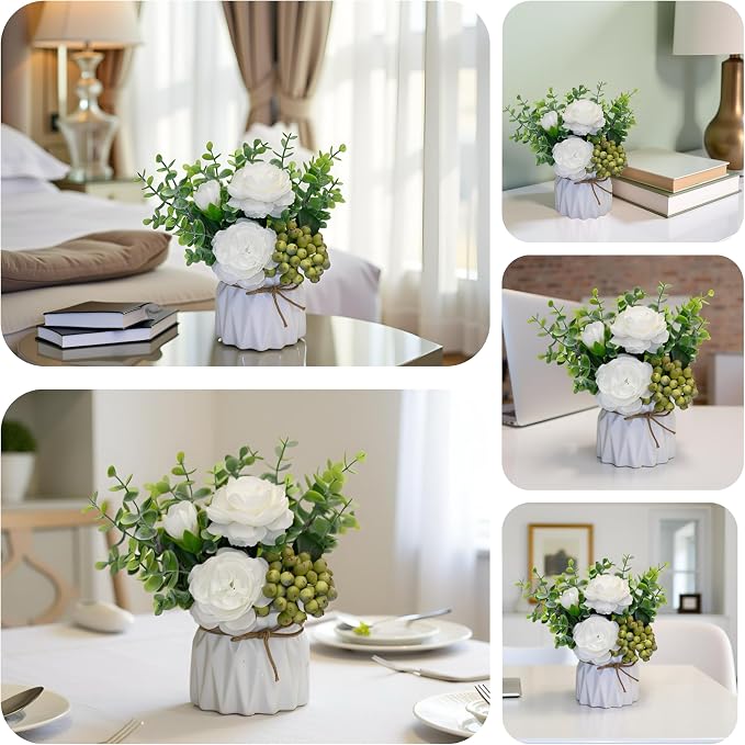 LADADA White Artificial Flowers with White Vase for Table Centerpiece Home Decor