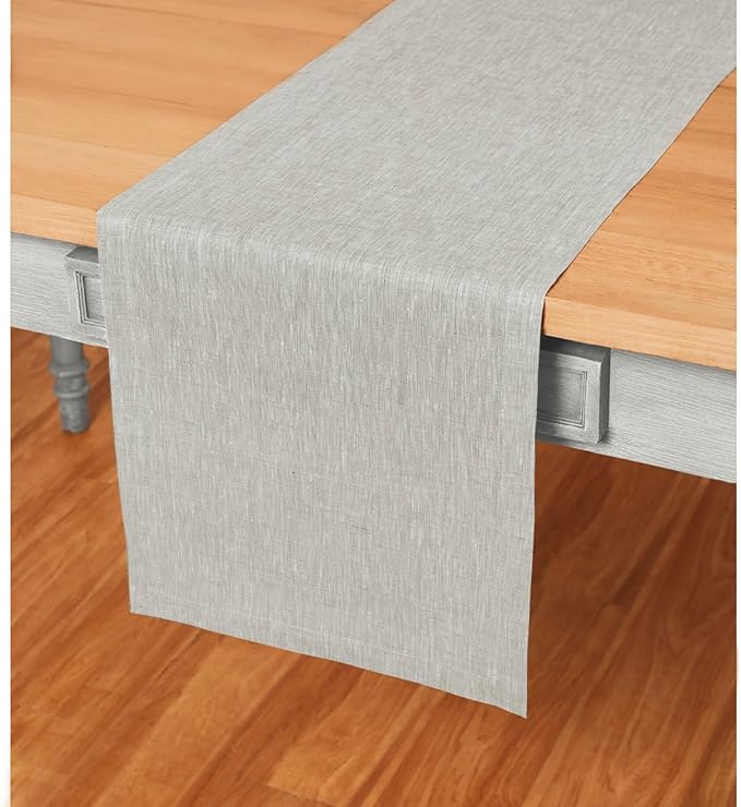 Solino Home Linen Table Runner 48 Inches - 100% Pure Linen Oyster Grey Table Runner 14 x 48 Inch Ideal for Dresser and Coffee Tables - Spring, Summer - Athena