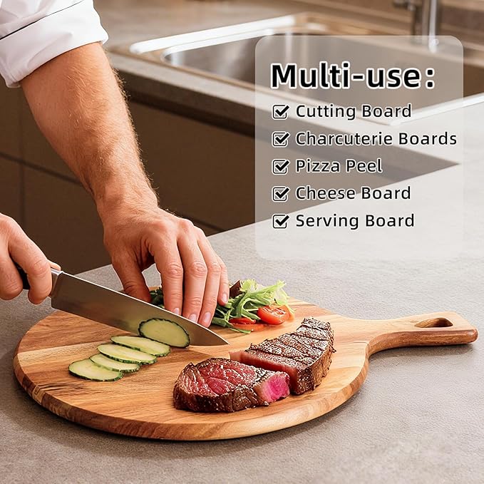 Acacia Wood Pizza Board with Handle, Multi-Purpose Cutting & Charcuterie Board,Wooden Serving Board for Parties, Kitchen Appliances,Pizza Paddle,Gift for Housewarming, Wedding, Holidays