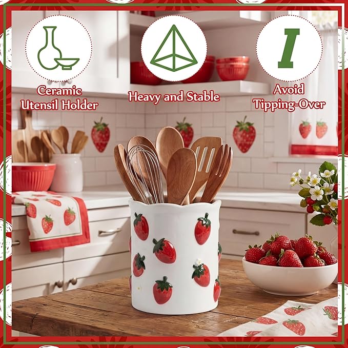 LemonRoad Strawberry Utensil Holder for Kitchen Counter,Ceramic Cooking Utensil Crock Modern Farmhouse Countertop Organizer for Spatula Ladle Kitchen Counter Decor