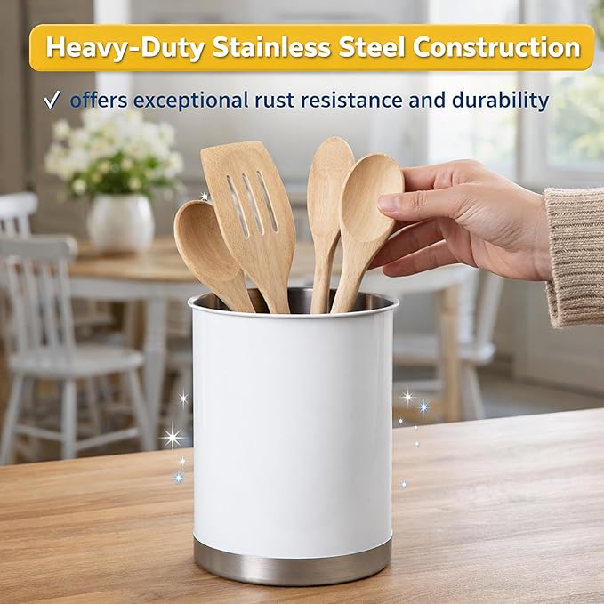 Creative Home Stainless Steel Utensil Holder– 6.3" Large Cooking Tool Organizer for Kitchen Decor and Countertop Storage, Stable Anti-Tip Design, Durable Powder-Coated Finish, White